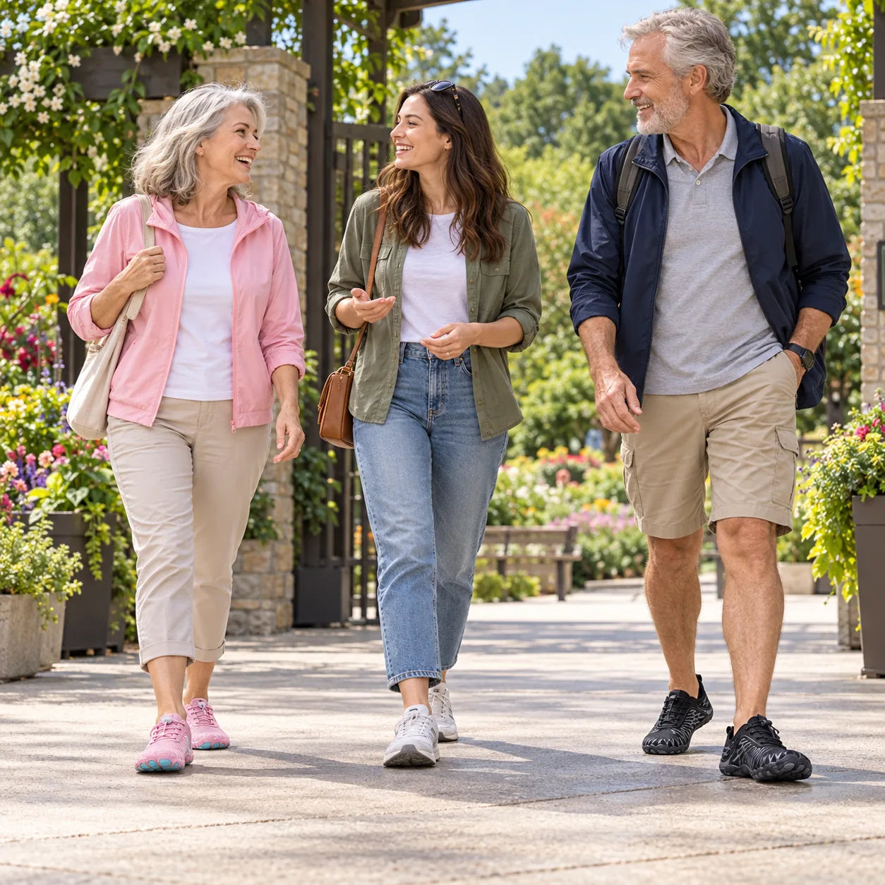A family on an ordinary outing, with Black and Pink Stepnara shoes