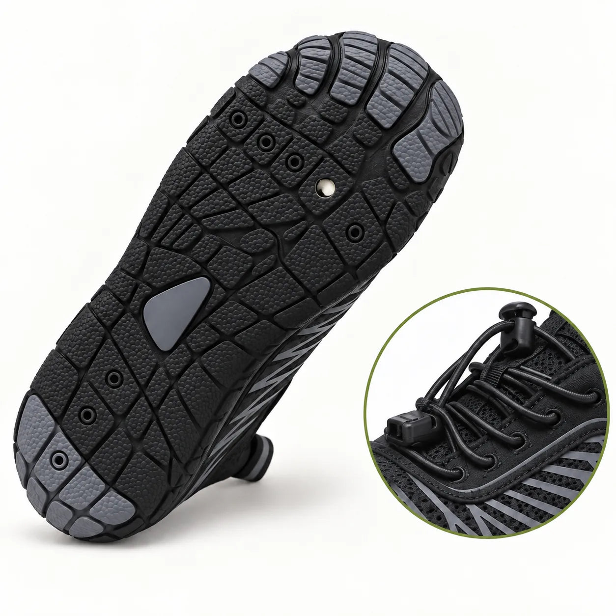 Stepnara outsole pattern and a separate close view of cord adjustment