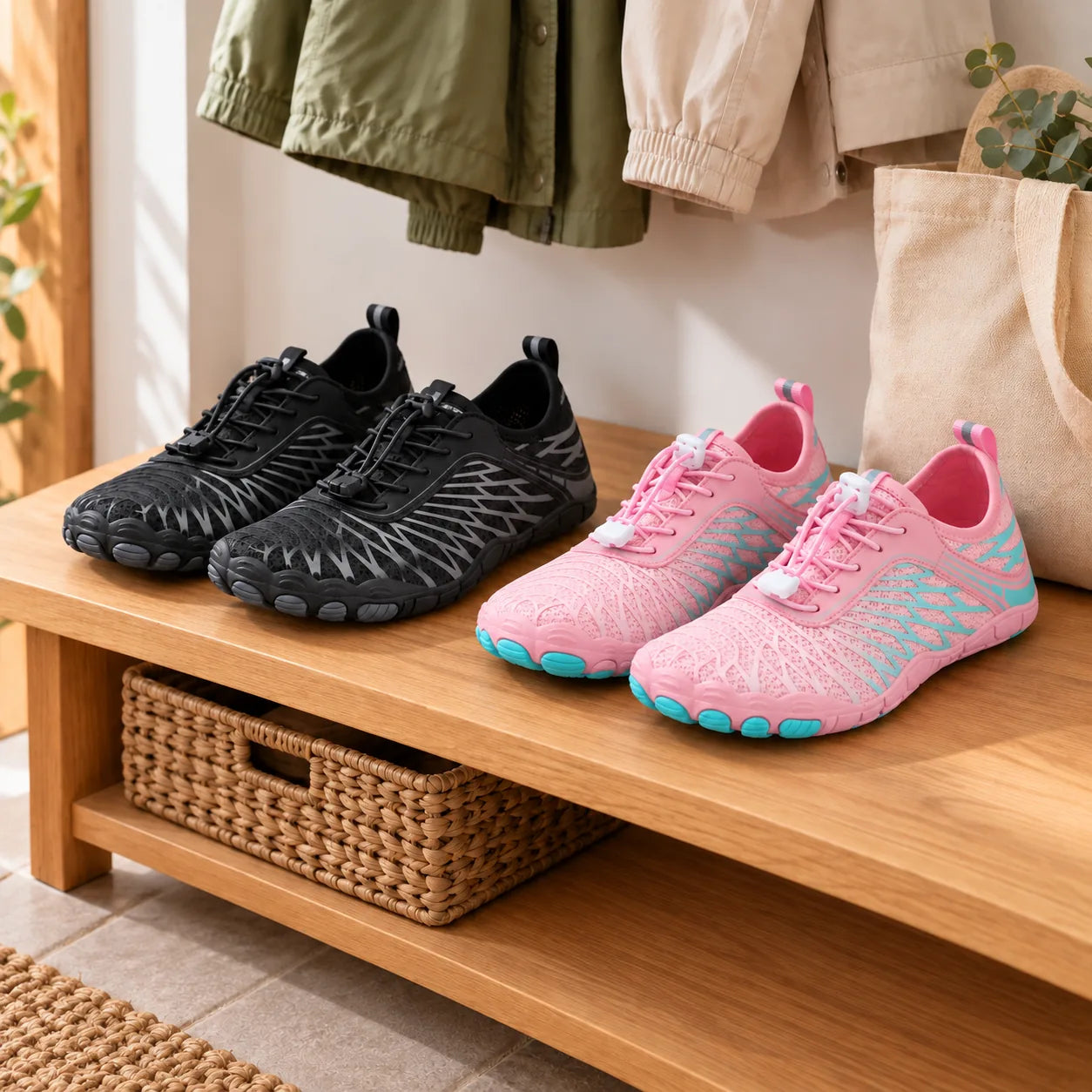 Complete Black and Pink Stepnara pairs on an entryway shelf