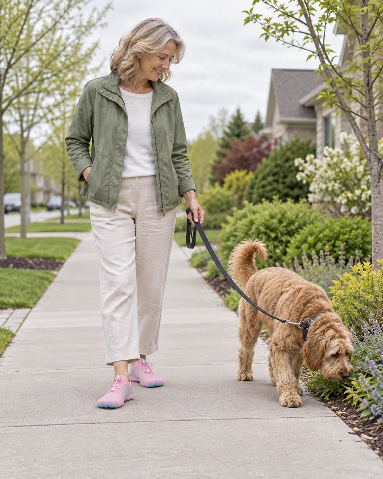 A woman wearing Pink Stepnara beside her dog on a paved path