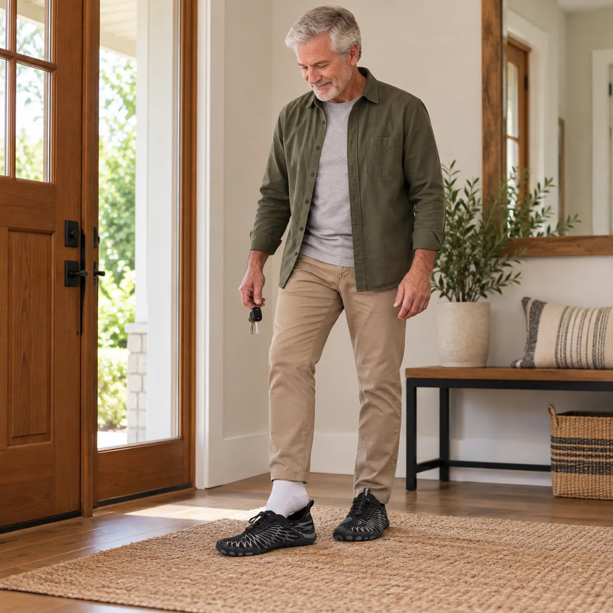 A man entering Black Stepnara shoes while upright, with both hands clear
